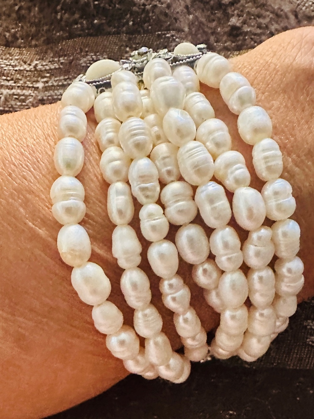 Bracelet Cuff Vintage Baroque Pearl and Rhinestone Multi Strand Chain Silver